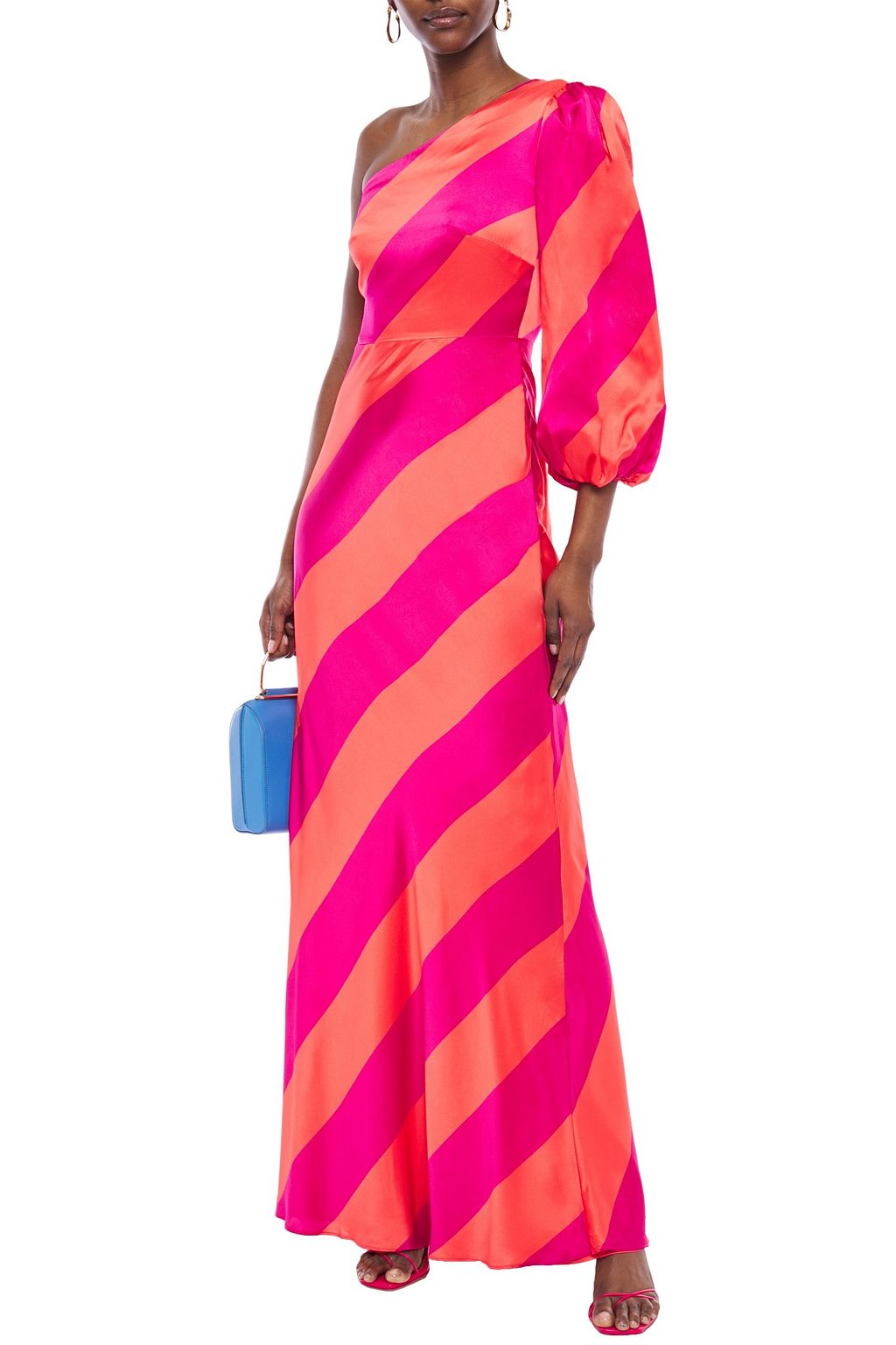 SALONI Lily one-shoulder striped silk-satin gown