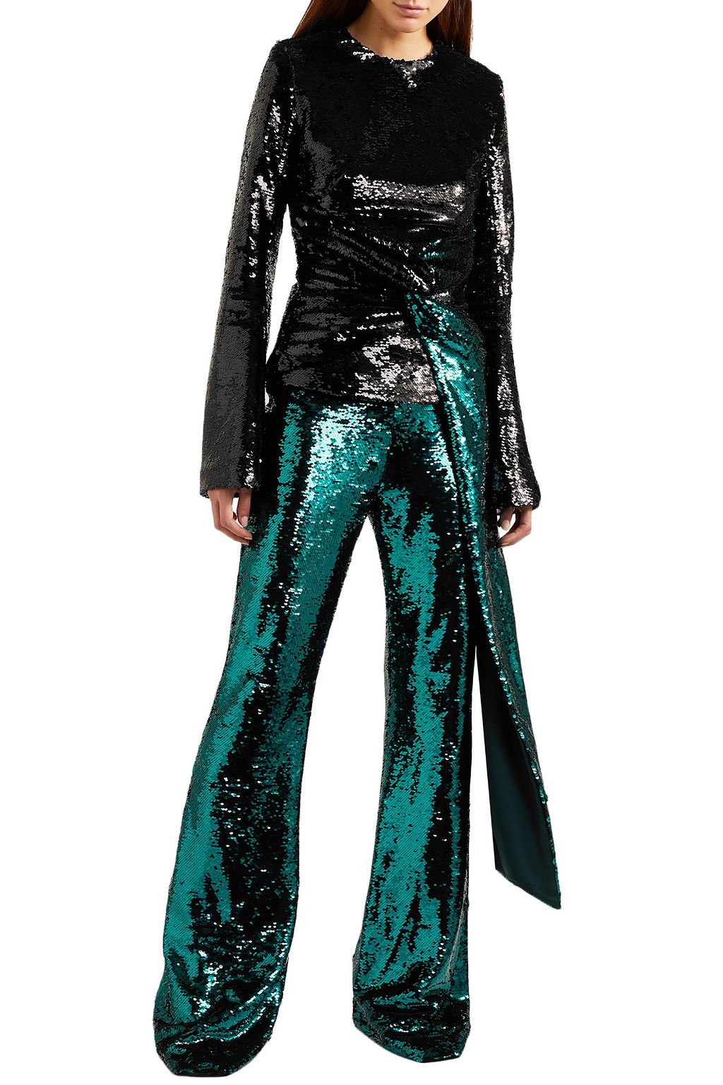 16ARLINGTON Hemingford draped two-tone sequined crepe top