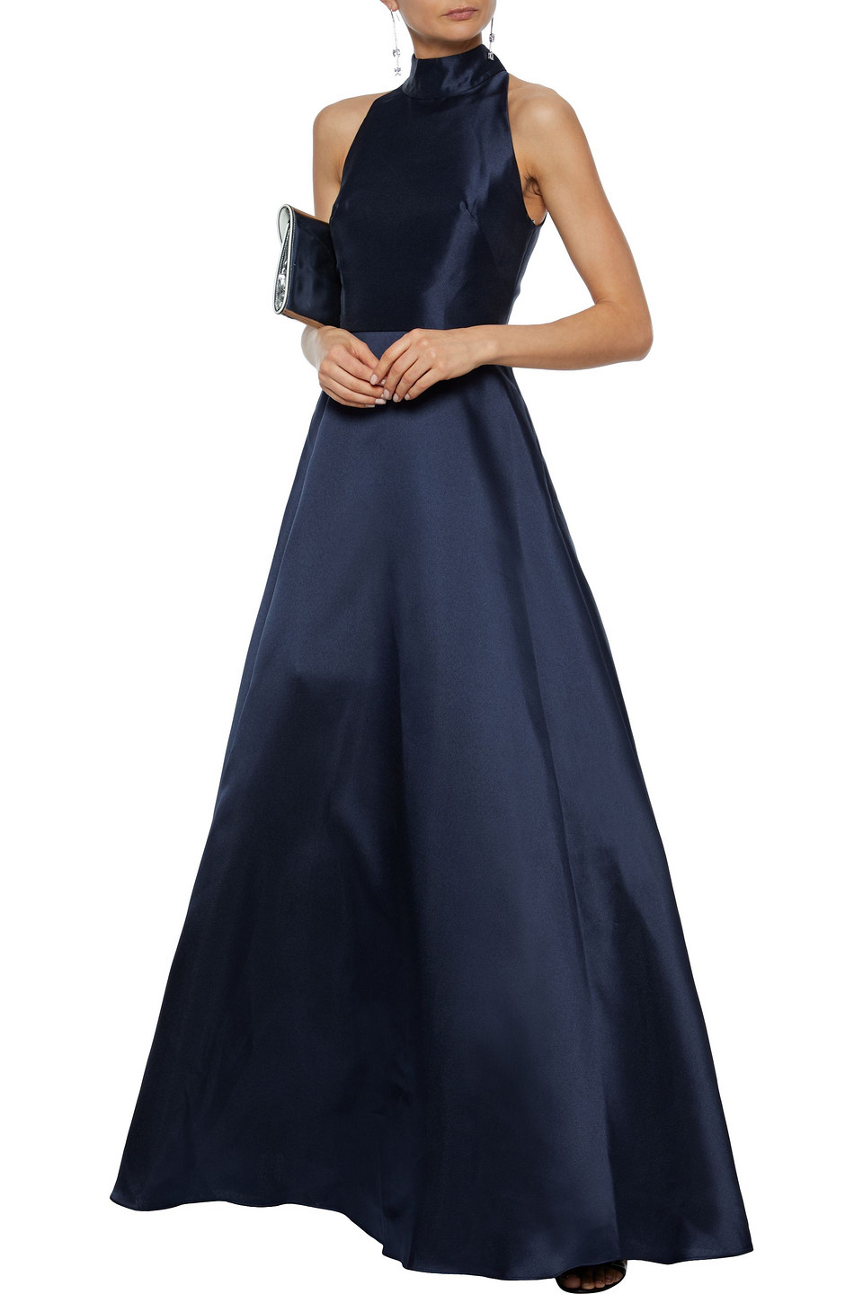 ml Monique Lhuillier High-neck Keyhole-back Sleeveless Ball Gown With Pockets In Navy