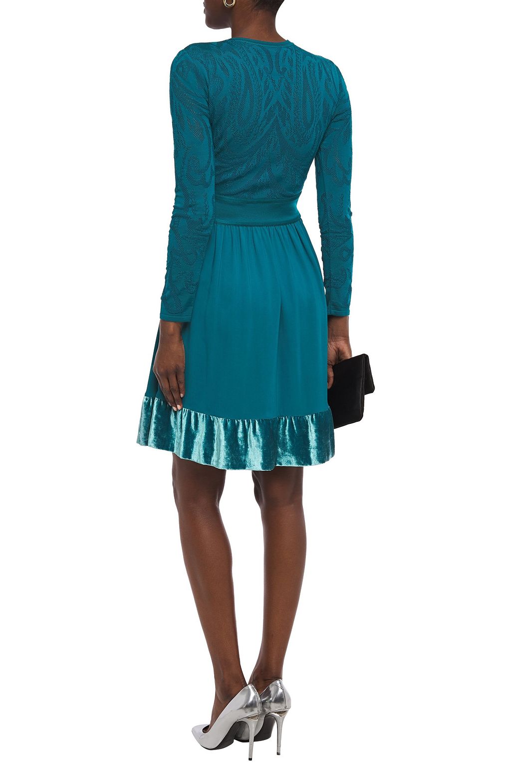 ROBERTO CAVALLI Velvet-trimmed gathered pointelle-knit mini dress