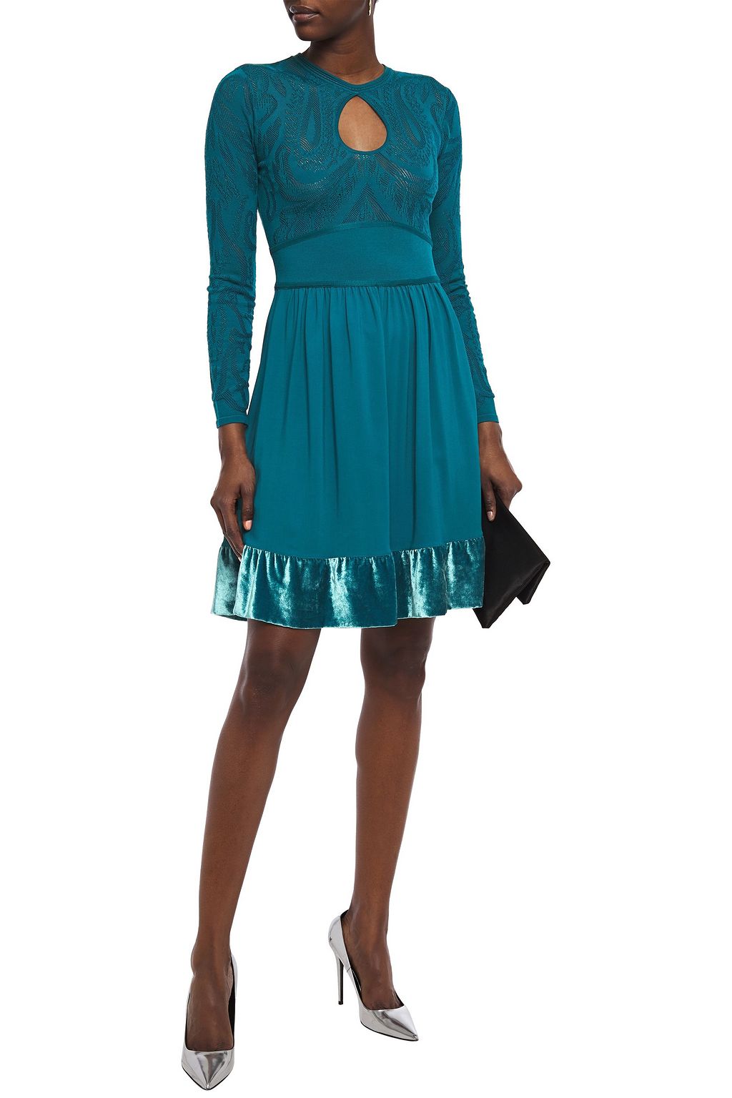 ROBERTO CAVALLI Velvet-trimmed gathered pointelle-knit mini dress