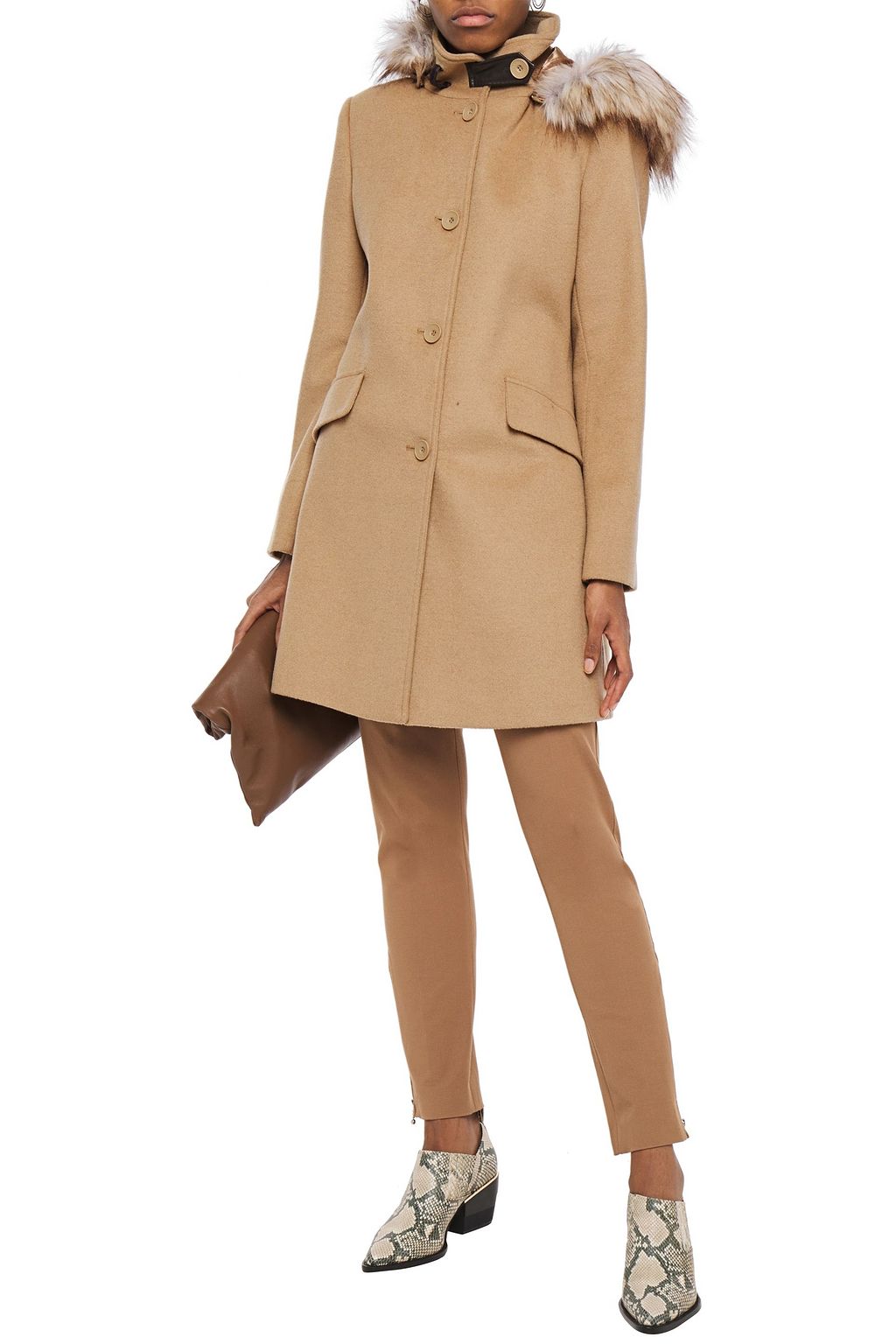 DKNY Faux fur-trimmed wool-blend coat