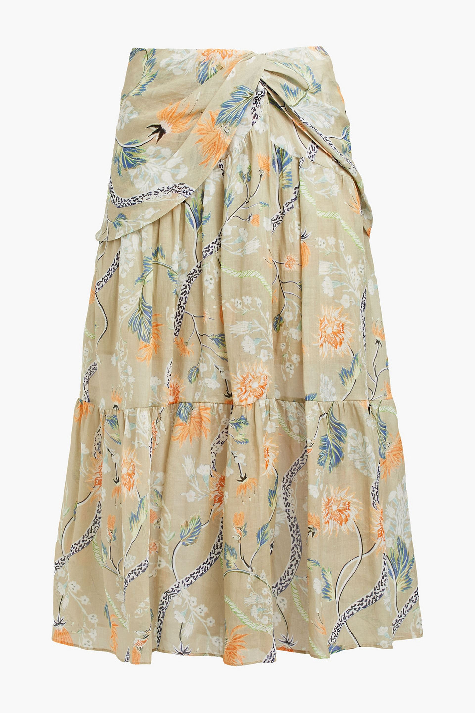 Chloé Draped Floral-print Ramie Midi Skirt In Sage Green