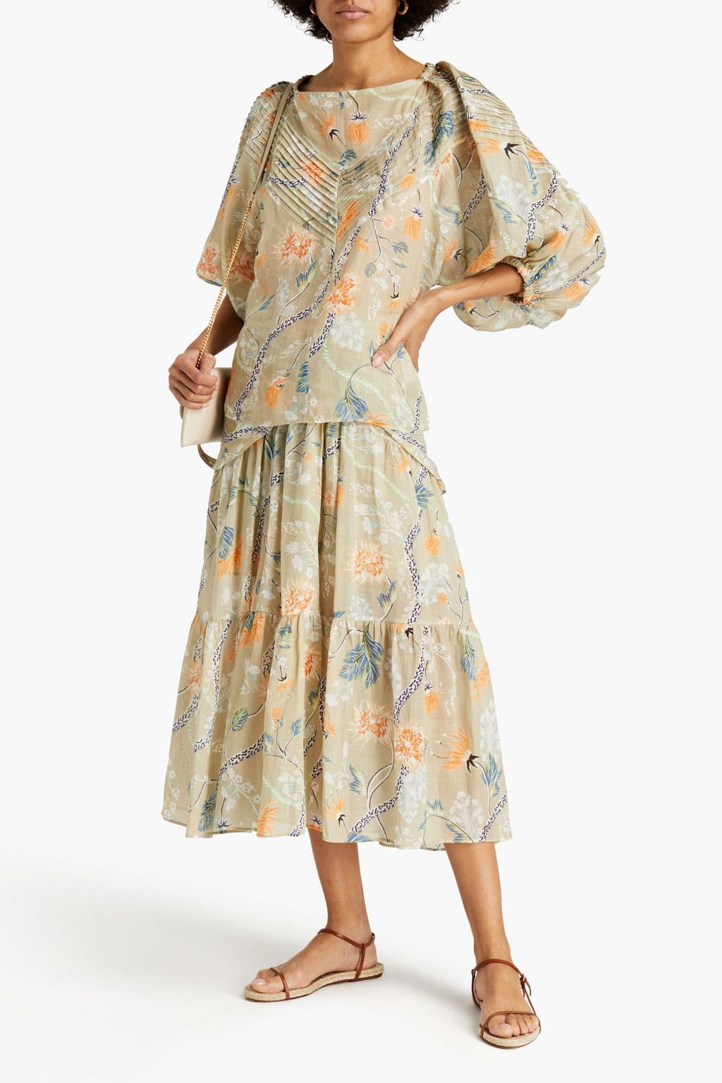 CHLOÉ Pintucked floral-print ramie blouse