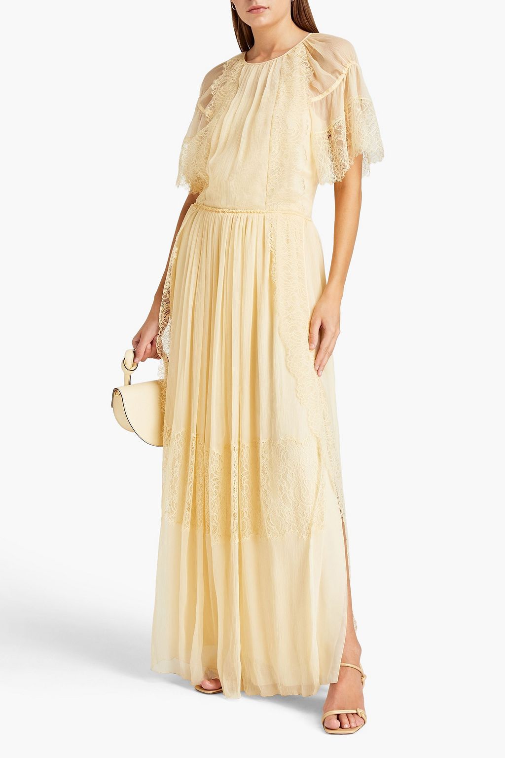 CHLOÉ Lace-paneled pleated silk-georgette maxi dress