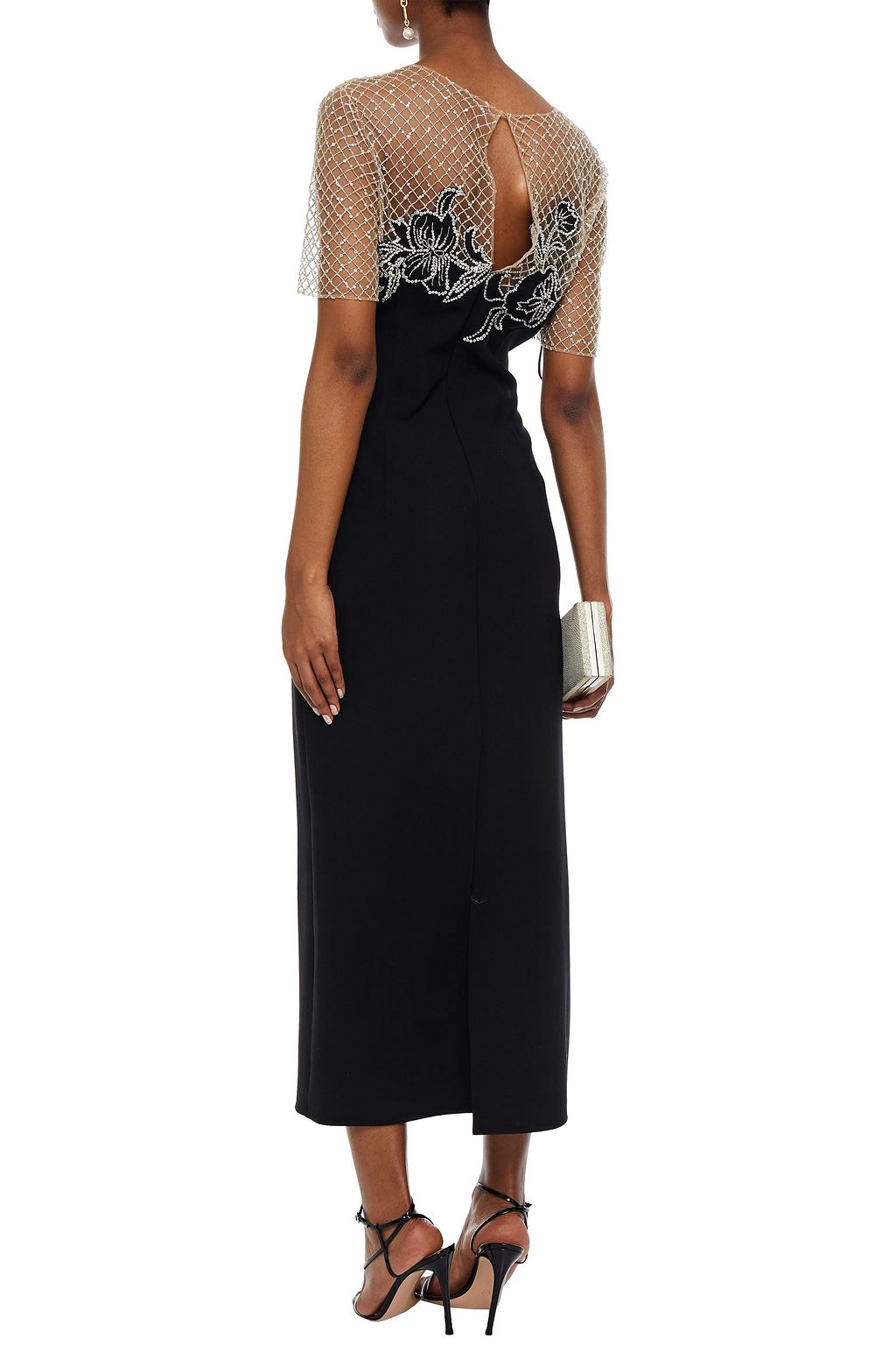 OSCAR DE LA RENTA Embellished tulle-paneled wool-blend crepe midi dress