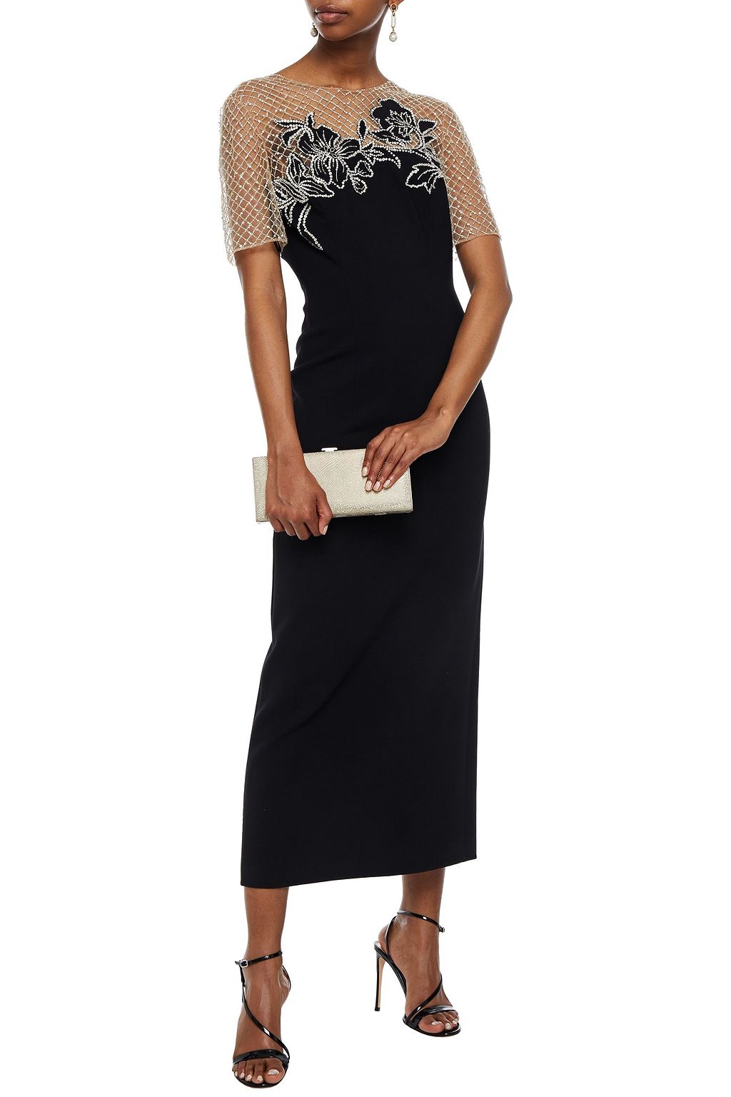 OSCAR DE LA RENTA Embellished tulle-paneled wool-blend crepe midi dress