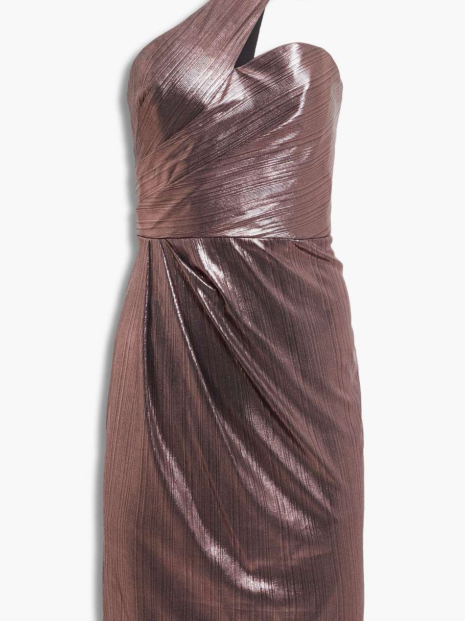 one-shoulder floral-appliquéd draped metallic striped chiffon dress