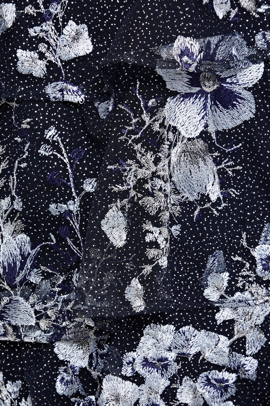 MARCHESA NOTTE Tiered embroidered glittered tulle dress