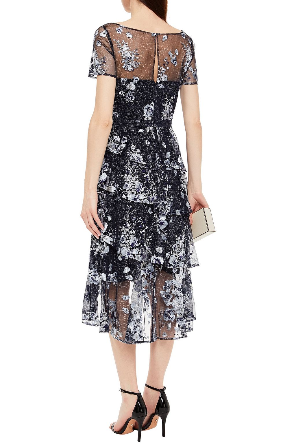 MARCHESA NOTTE Tiered embroidered glittered tulle dress