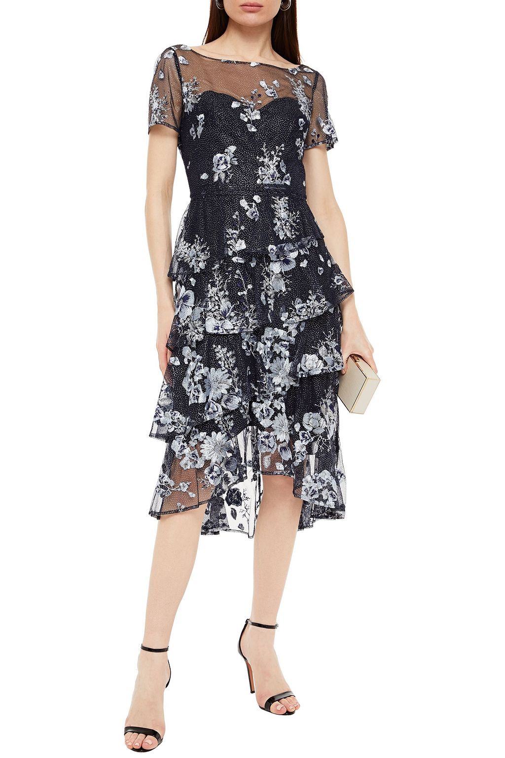 MARCHESA NOTTE Tiered embroidered glittered tulle dress