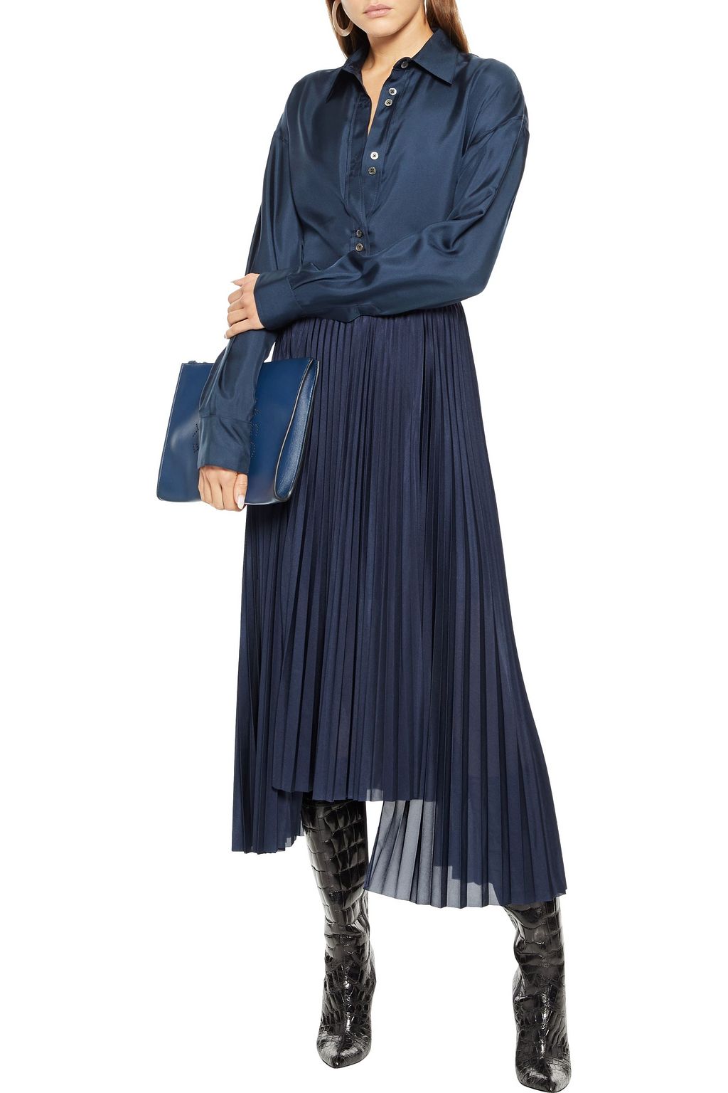 HELMUT LANG Asymmetric pleated satin midi skirt