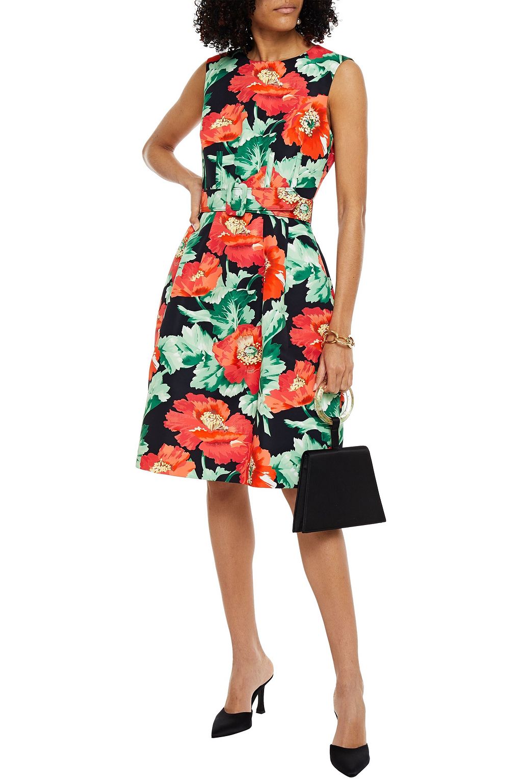 OSCAR DE LA RENTA Belted floral-print faille dress