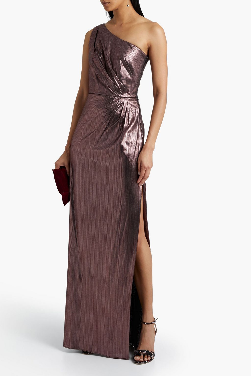 MARCHESA NOTTE One-shoulder gathered lamé  gown