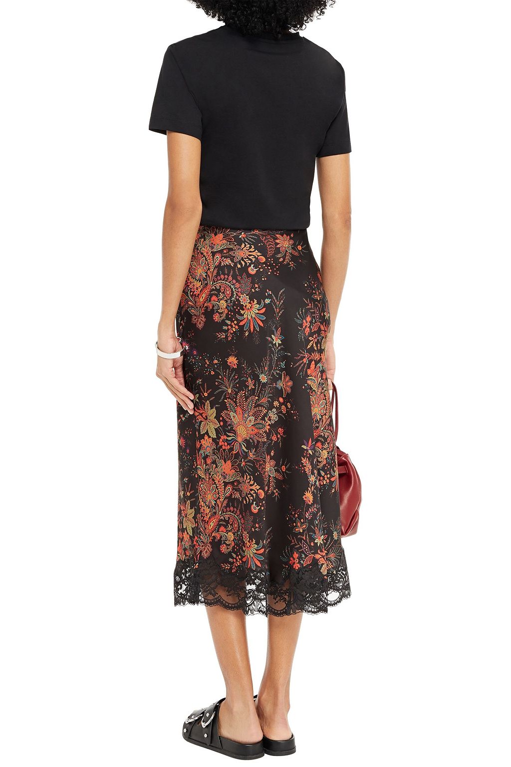 RABANNE Lace-trimmed floral-print satin midi skirt