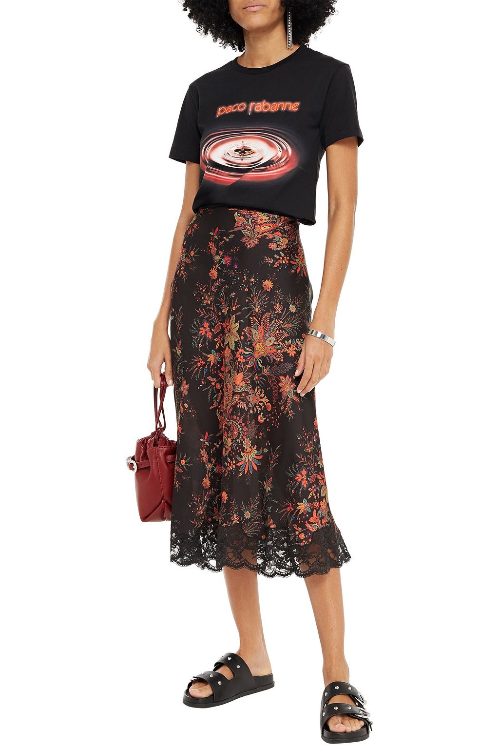 RABANNE Lace-trimmed floral-print satin midi skirt