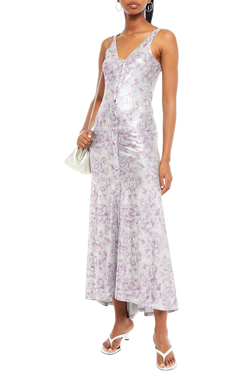RABANNE Floral-print lamé maxi dress