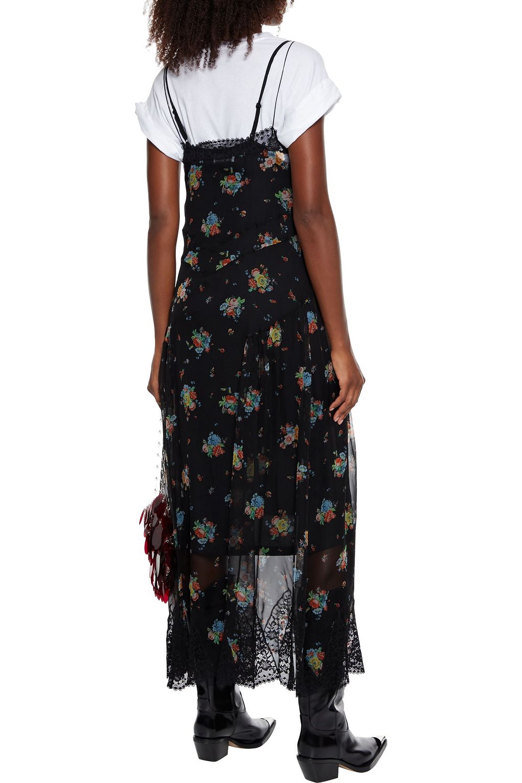 RABANNE Lace-trimmed floral-print silk-chiffon maxi slip dress
