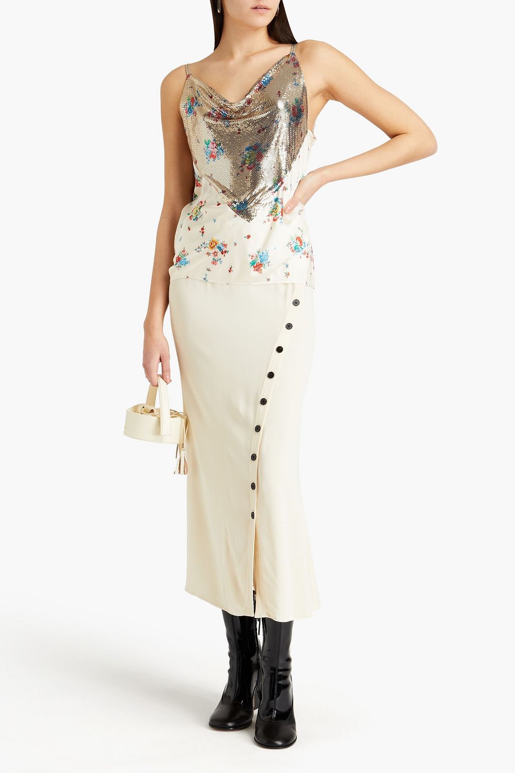 RABANNE Chainmail-paneled floral-print satin camisole