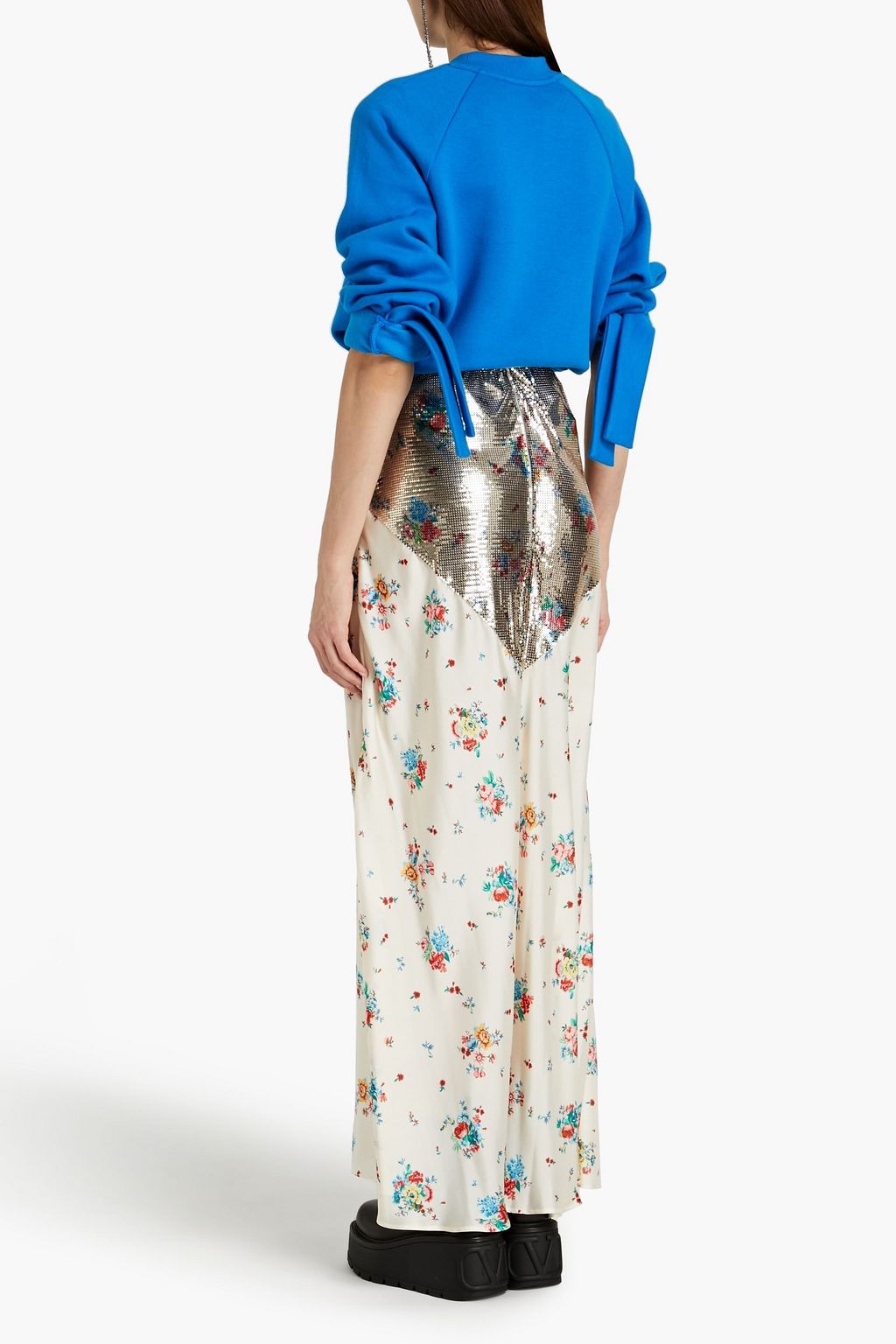 RABANNE Chainmail-paneled floral-print satin maxi skirt