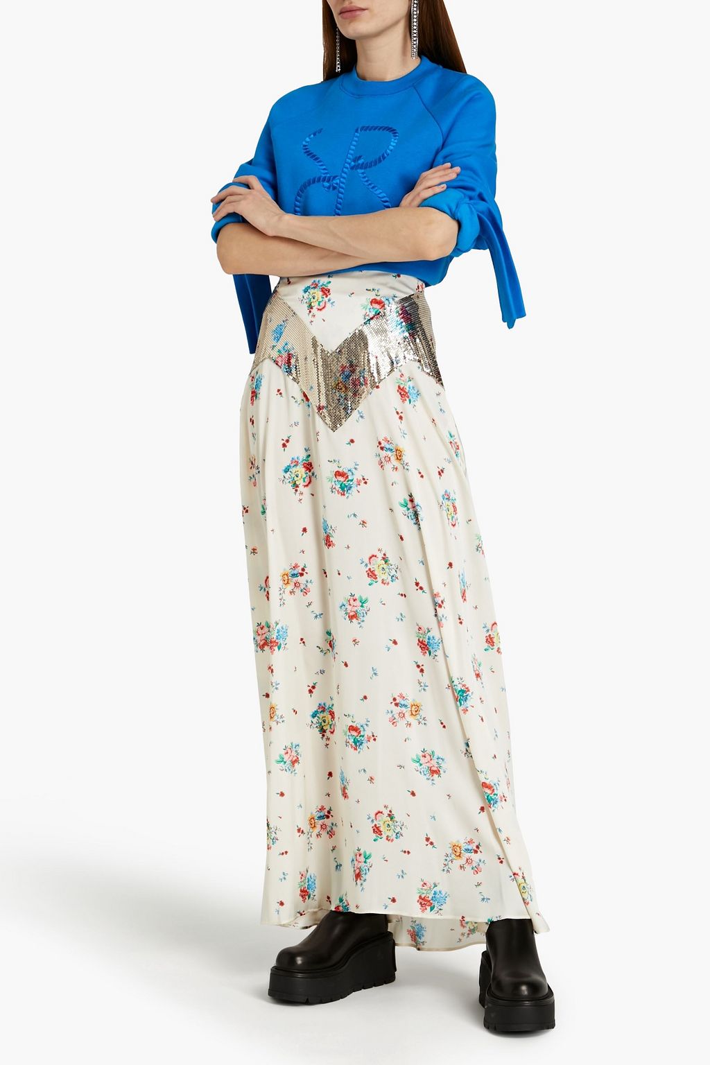 RABANNE Chainmail-paneled floral-print satin maxi skirt