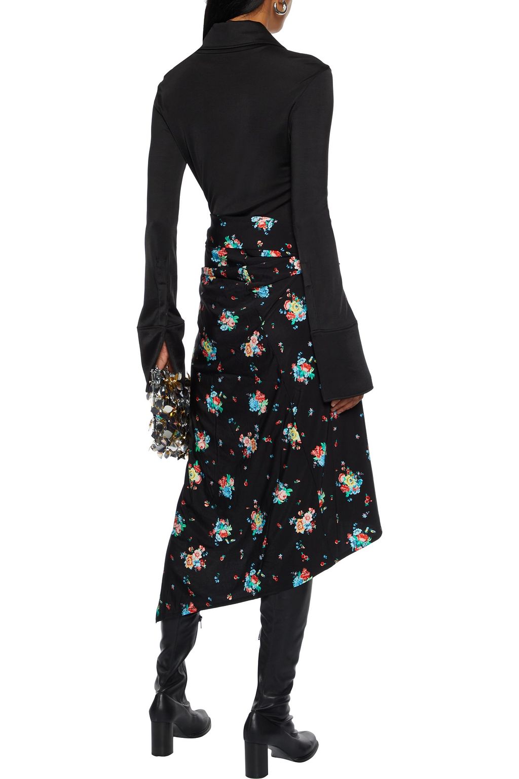 RABANNE Wrap-effect floral-print satin-jersey midi skirt