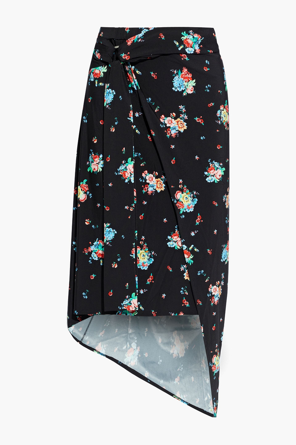 Wrap-effect floral-print satin-jersey midi skirt