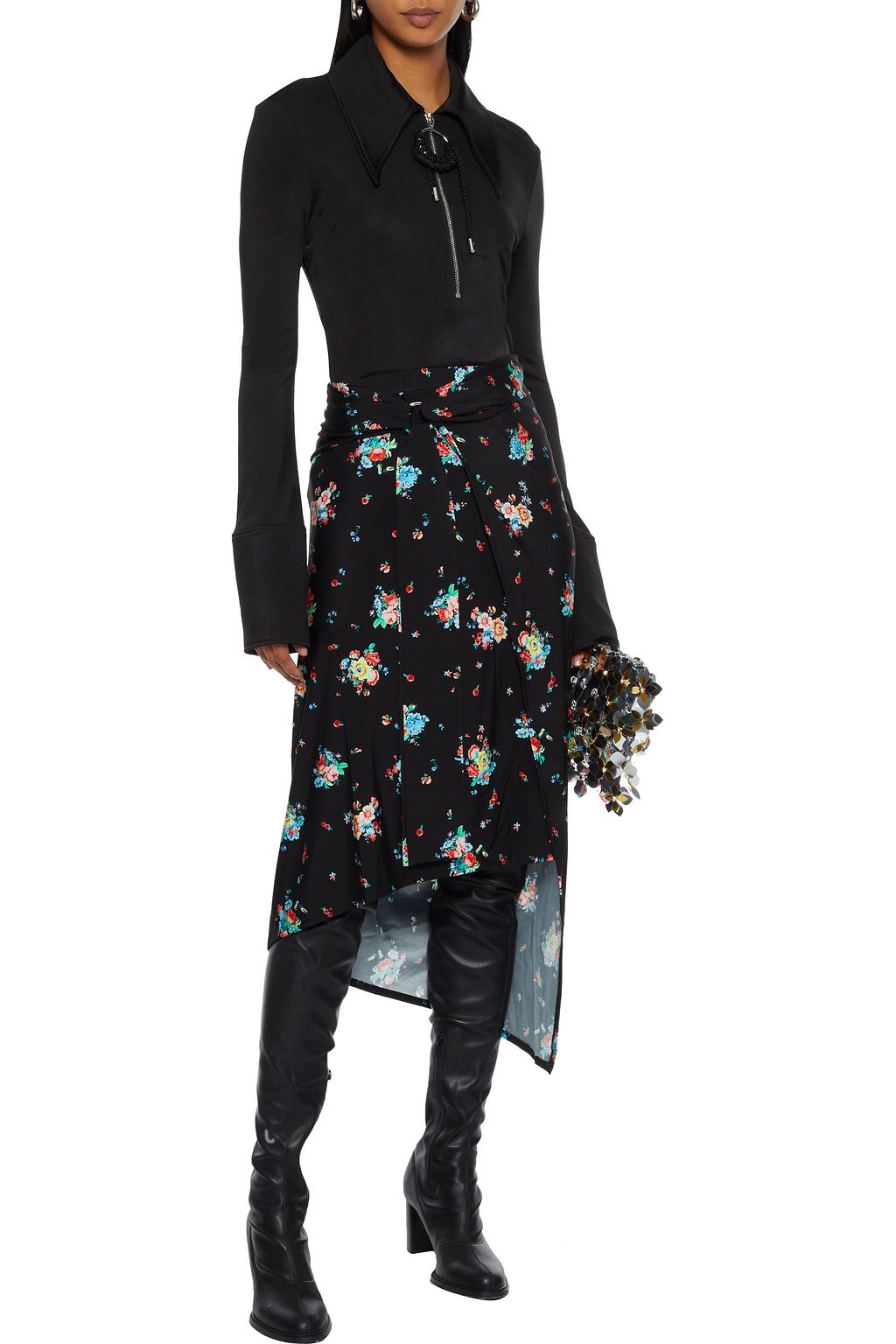 RABANNE Wrap-effect floral-print satin-jersey midi skirt