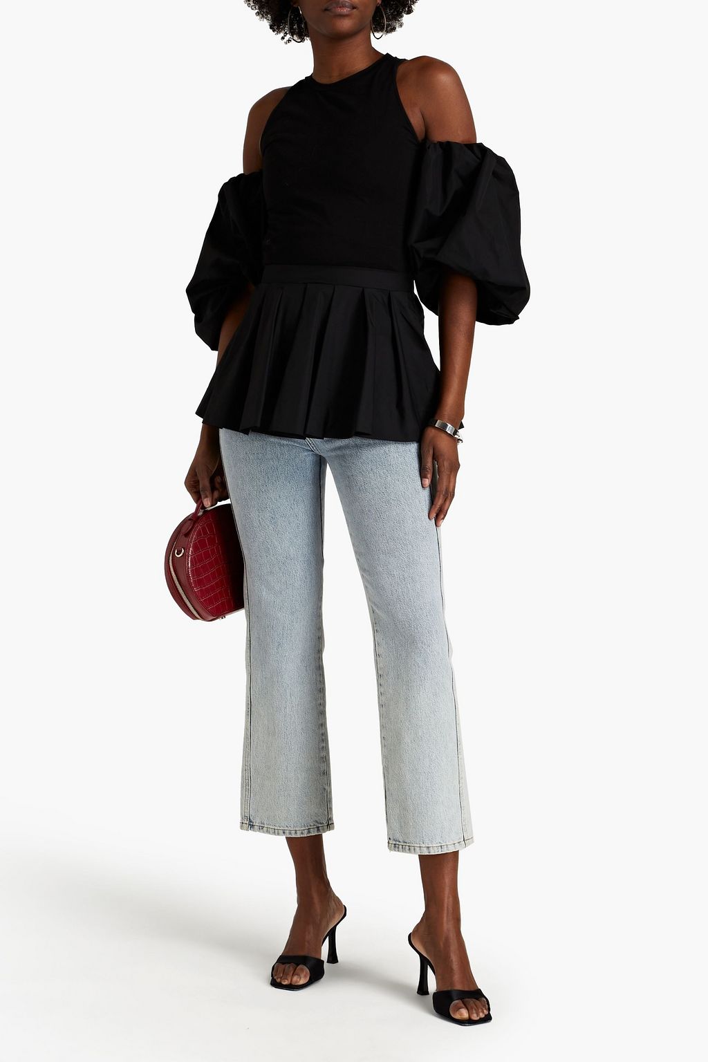 MCQUEEN Cold-shoulder layered cotton-jersey and poplin top