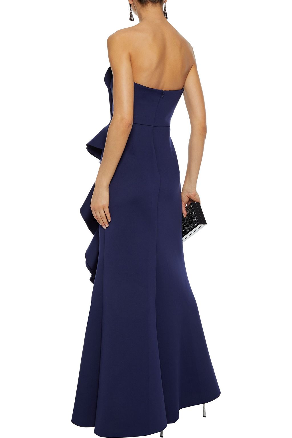 badgley mischka strapless ruffle scuba gown