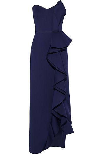 badgley mischka strapless ruffle scuba gown