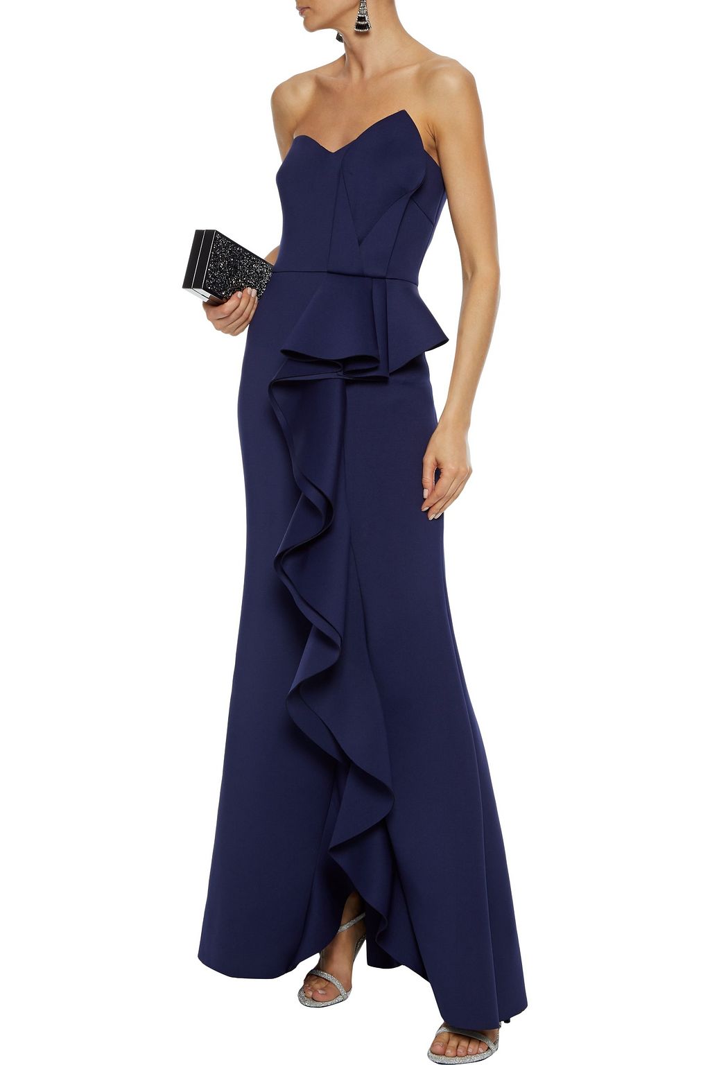 badgley mischka strapless ruffle scuba gown