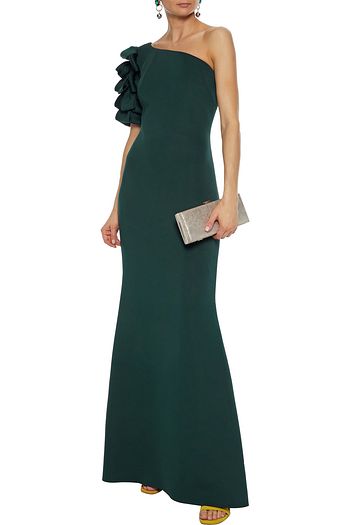 badgley mischka strapless ruffle scuba gown