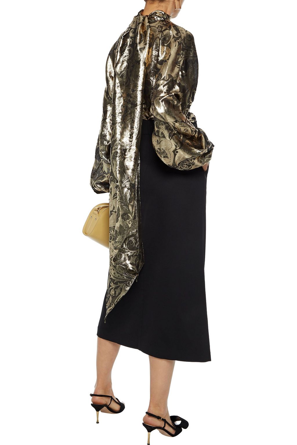 OSCAR DE LA RENTA Tie-neck metallic silk-blend jacquard blouse