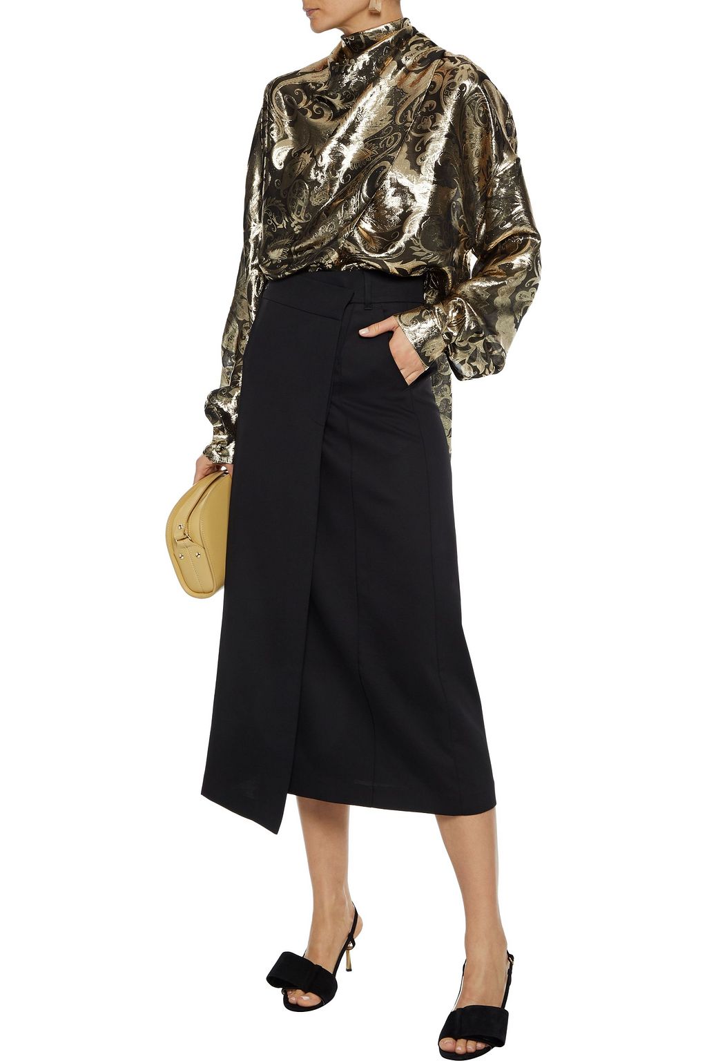 OSCAR DE LA RENTA Tie-neck metallic silk-blend jacquard blouse
