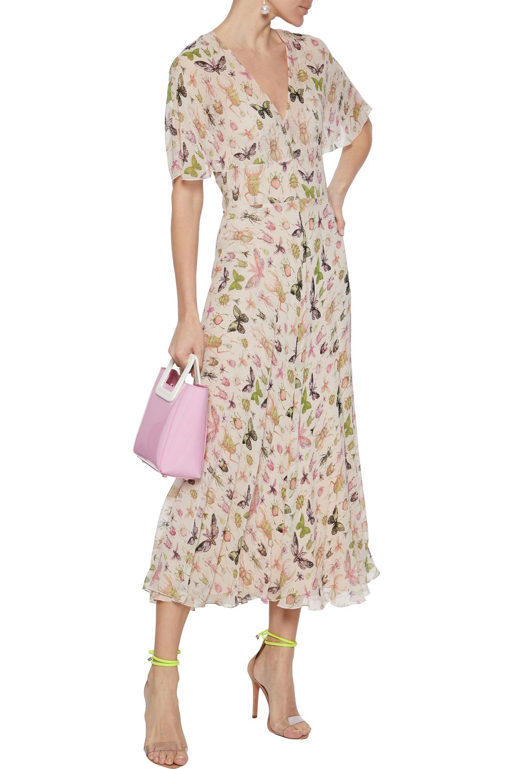 REDVALENTINO فستان متوسط الطول من قماش جورجيت الحريري المطبع برسومات