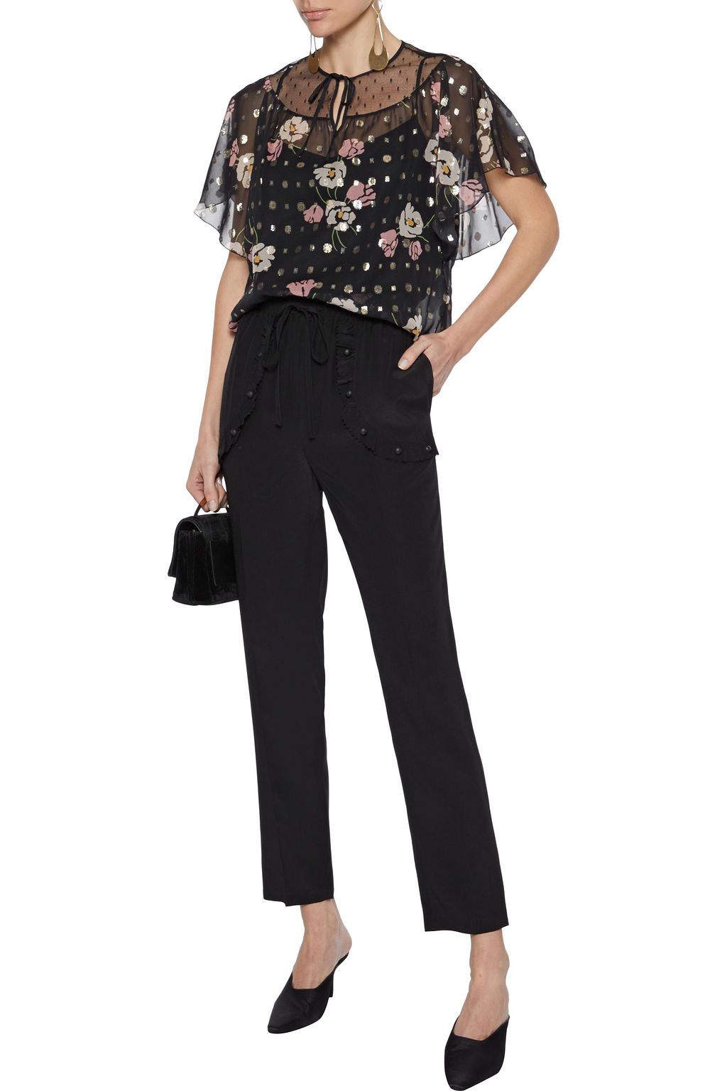 REDVALENTINO Point d'esprit-paneled floral-print fil coupé silk-blend chiffon blouse