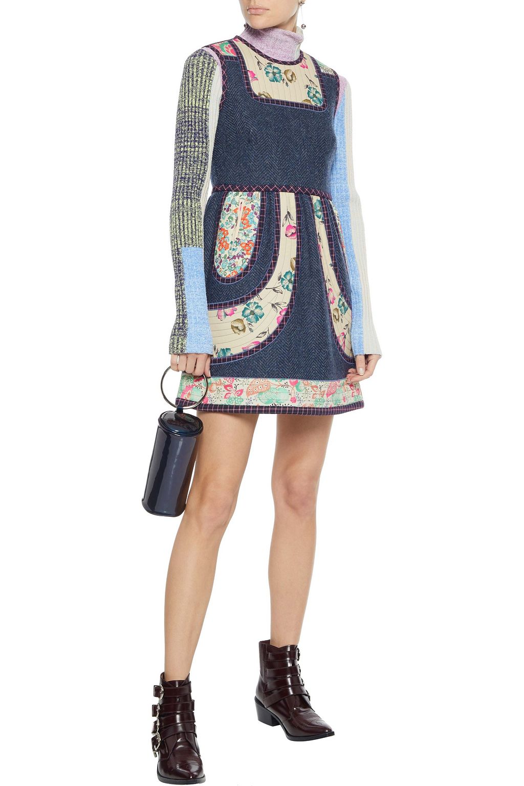 REDVALENTINO Floral-print crepe de chine-paneled herringbone wool mini dress