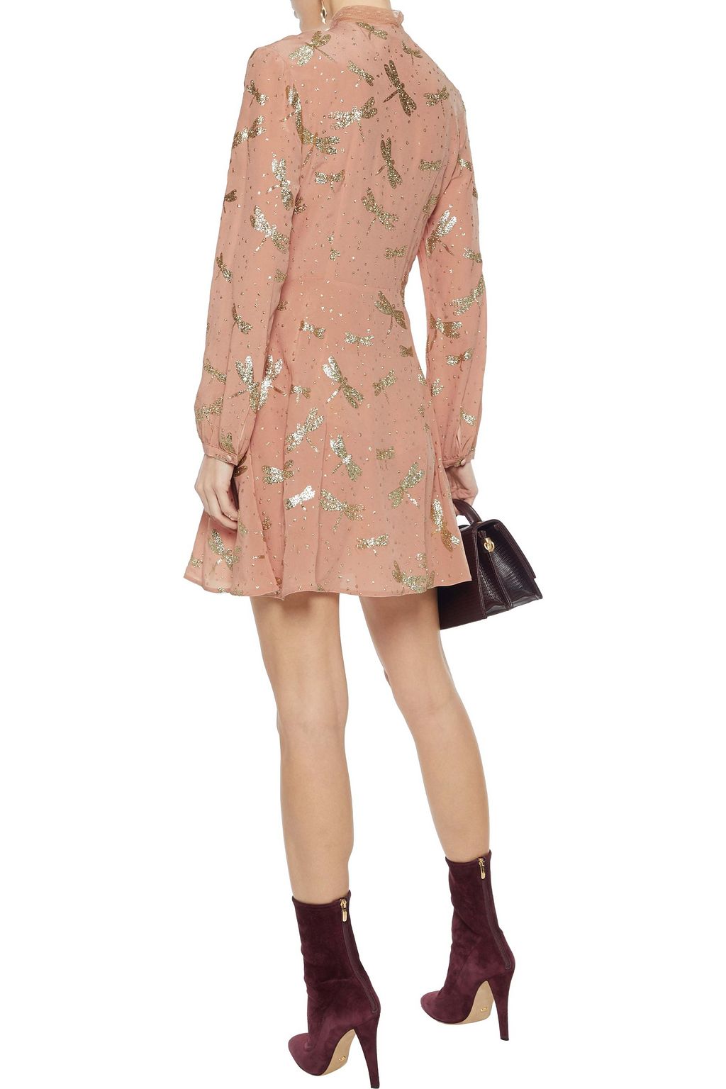 REDVALENTINO Tie-neck glitter-embellished silk-crepe mini dress