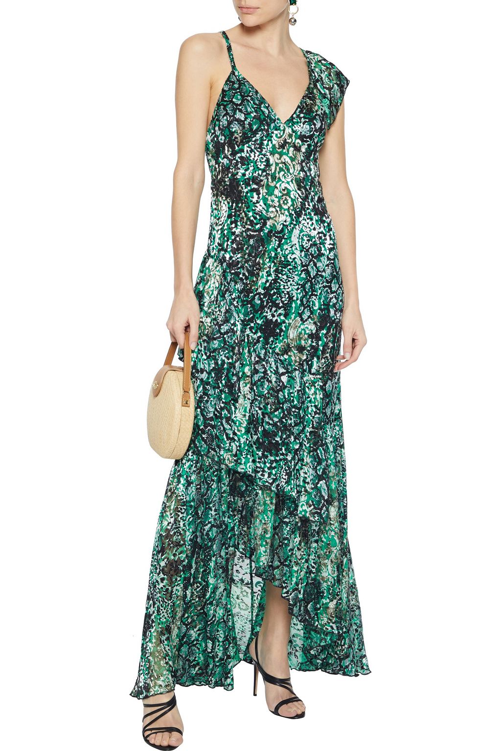 ALICE + OLIVIA Shanel asymmetric ruffled snake-print burnout crepe de chine maxi dress