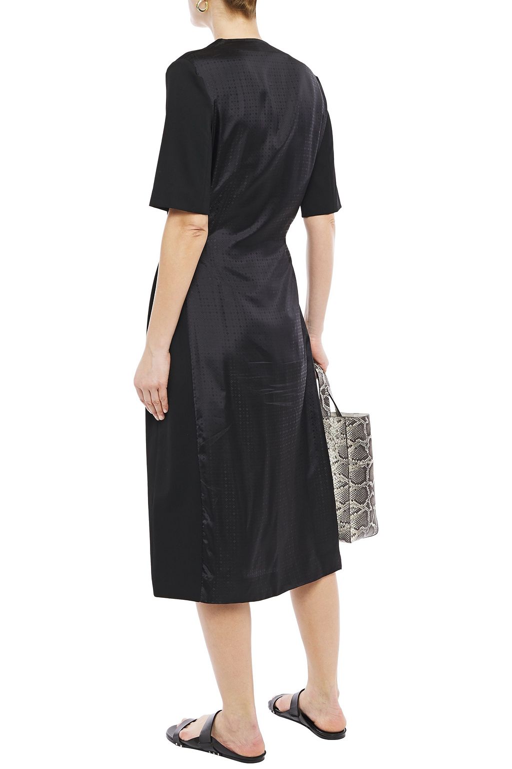 STELLA MCCARTNEY Belted satin jacquard-paneled wool-twill midi dress