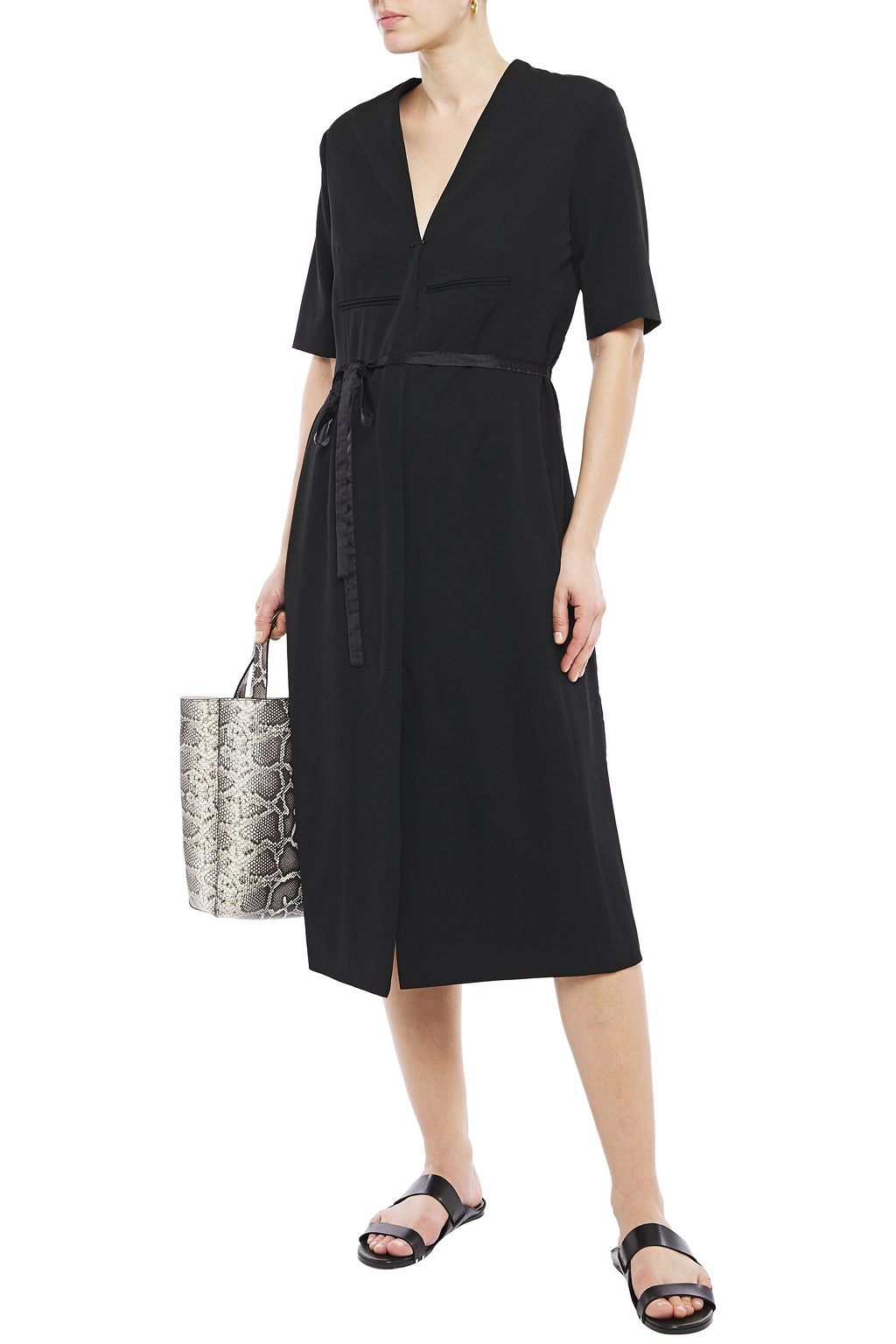STELLA MCCARTNEY Belted satin jacquard-paneled wool-twill midi dress