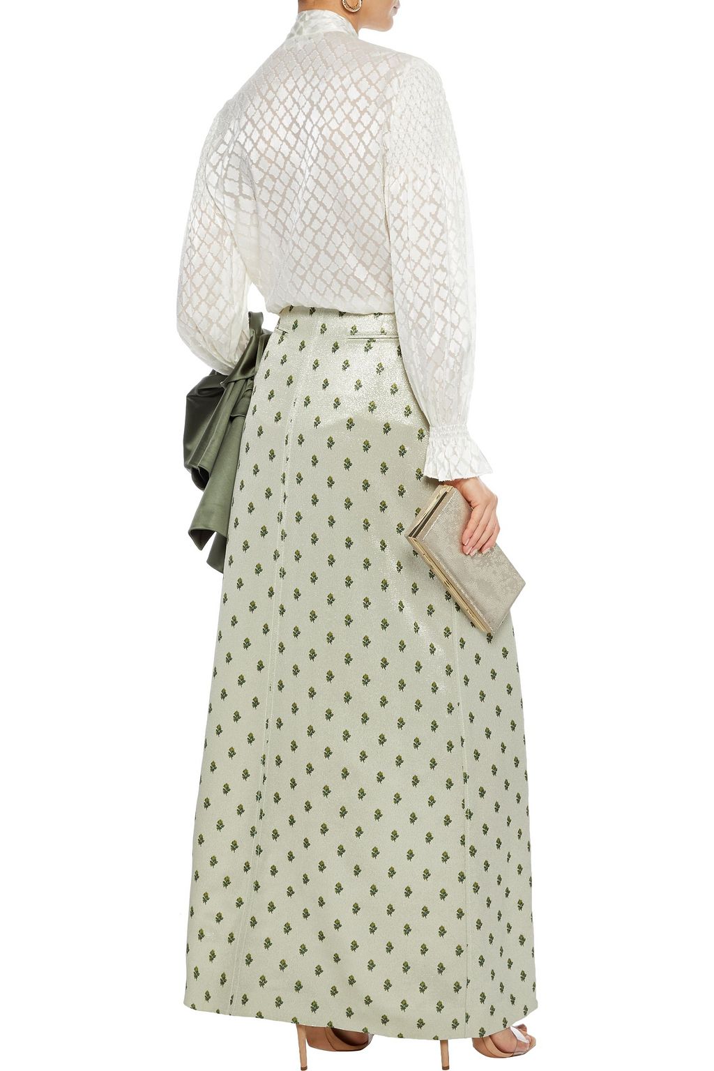 VALENTINO GARAVANI Pleated floral-print textured-lamé maxi skirt