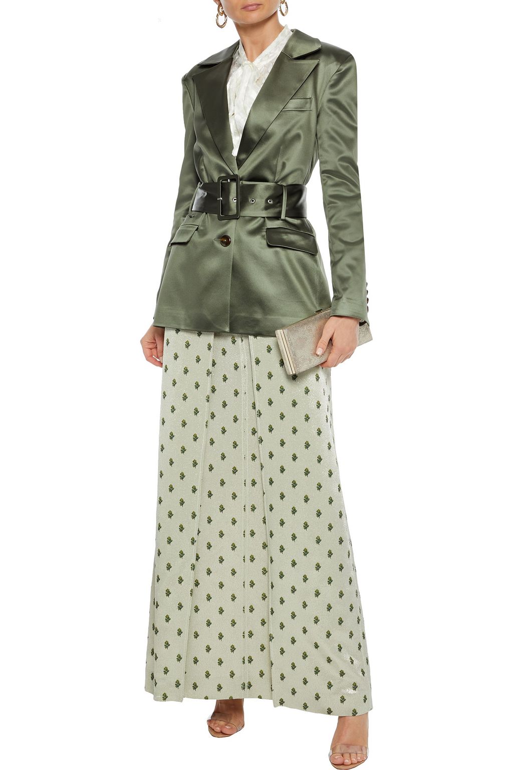 VALENTINO GARAVANI Pleated floral-print textured-lamé maxi skirt
