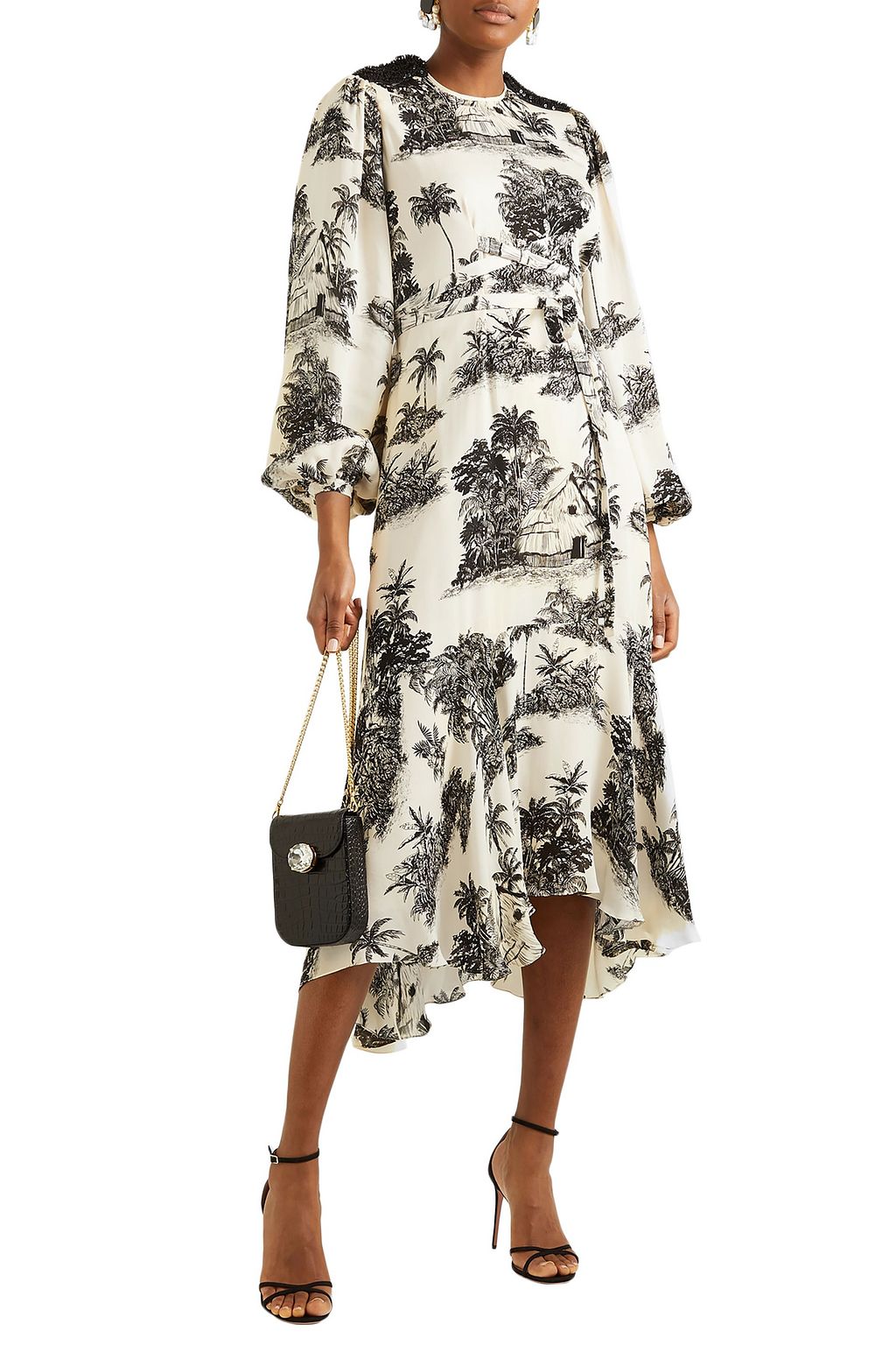 JOHANNA ORTIZ Notalgia Del Pasado embellished printed silk crepe de chine midi dress