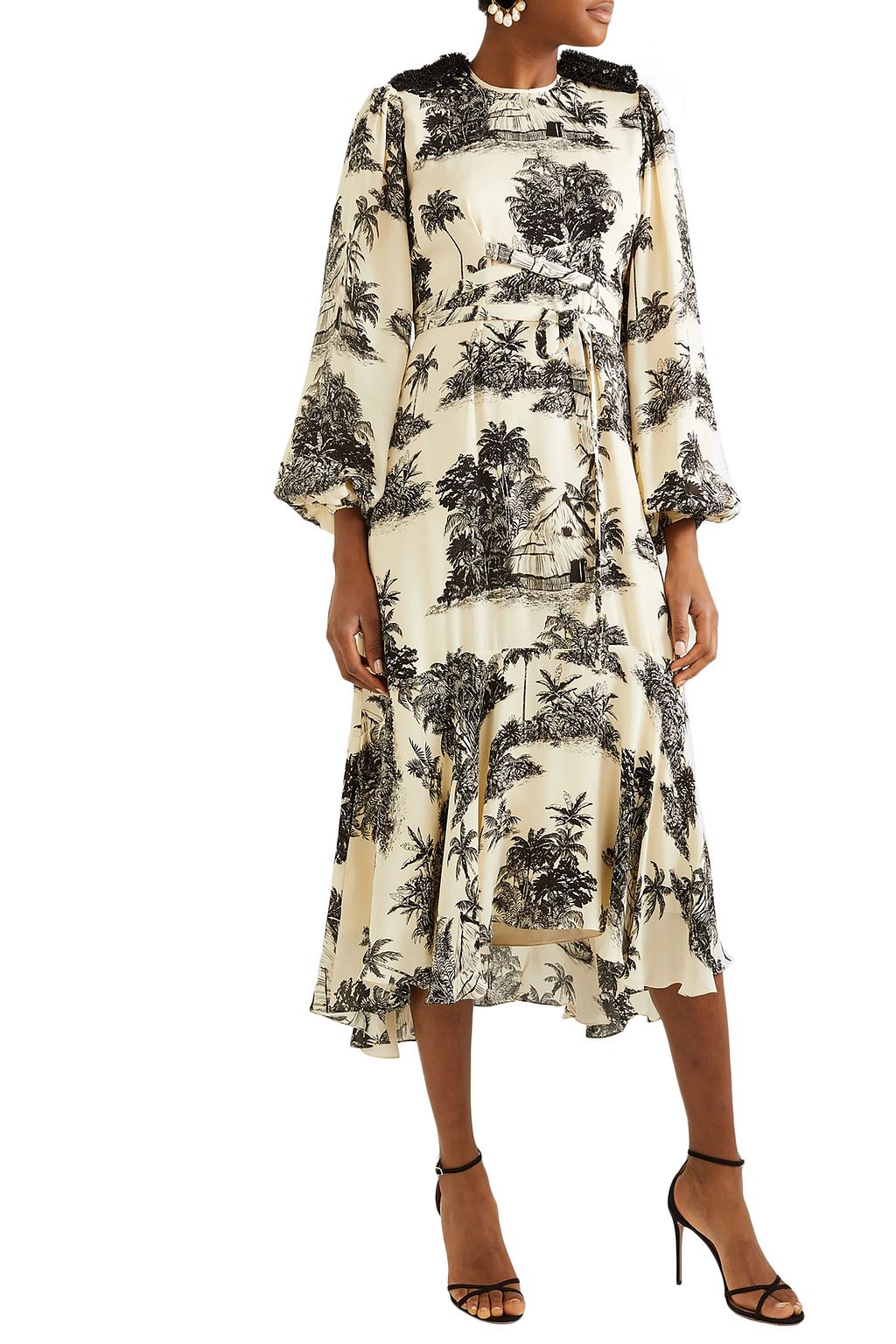 JOHANNA ORTIZ Notalgia Del Pasado embellished printed silk crepe de chine midi dress