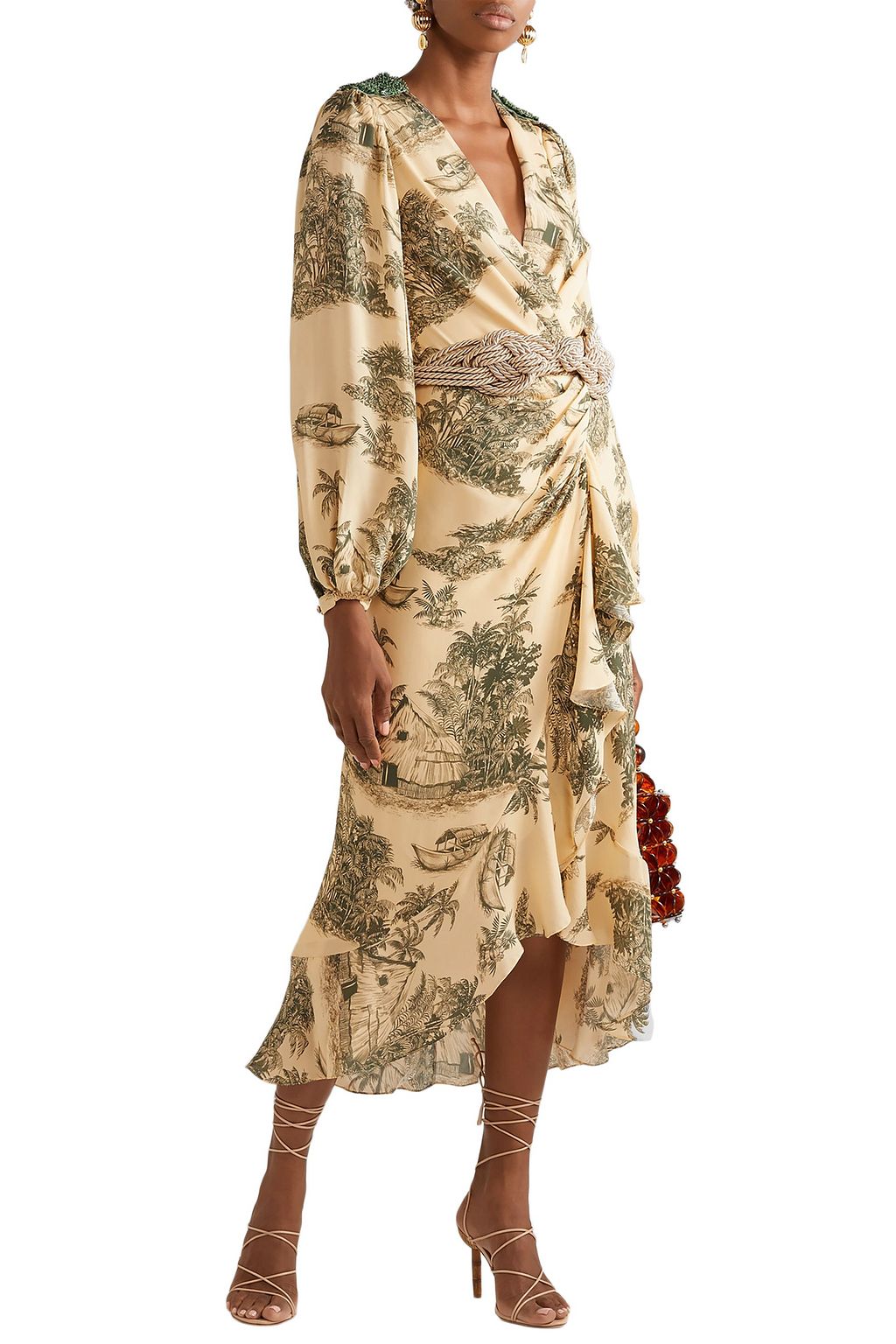 JOHANNA ORTIZ Al Son Del Tambor embellished printed silk crepe de chine midi wrap dress
