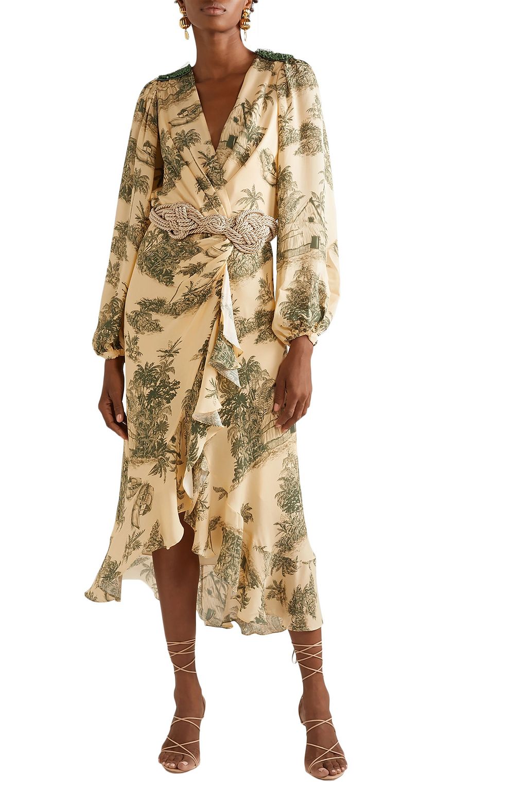 JOHANNA ORTIZ Al Son Del Tambor embellished printed silk crepe de chine midi wrap dress