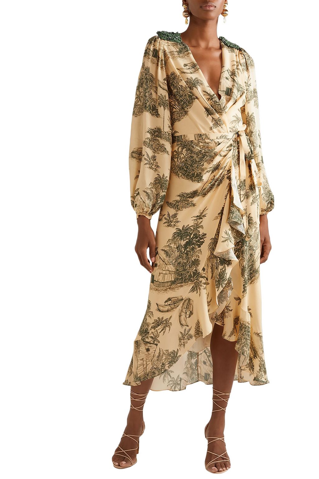 JOHANNA ORTIZ Al Son Del Tambor embellished printed silk crepe de chine midi wrap dress