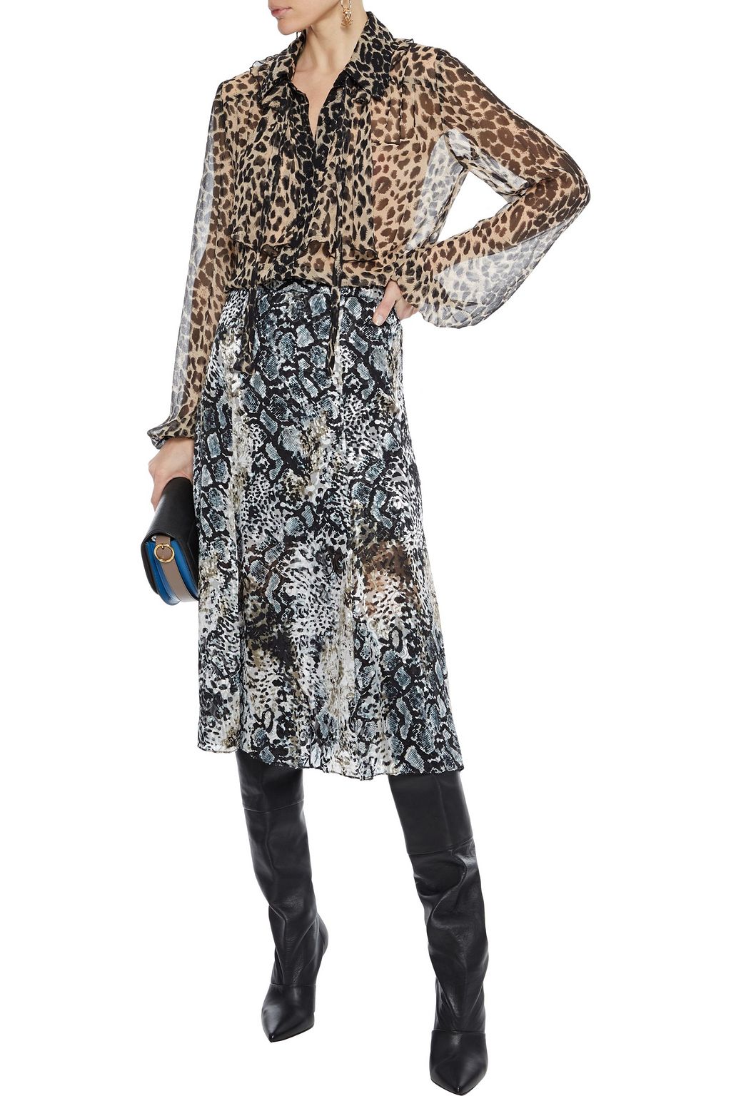 ALICE + OLIVIA Athena snake-print burnout crepe de chine midi skirt